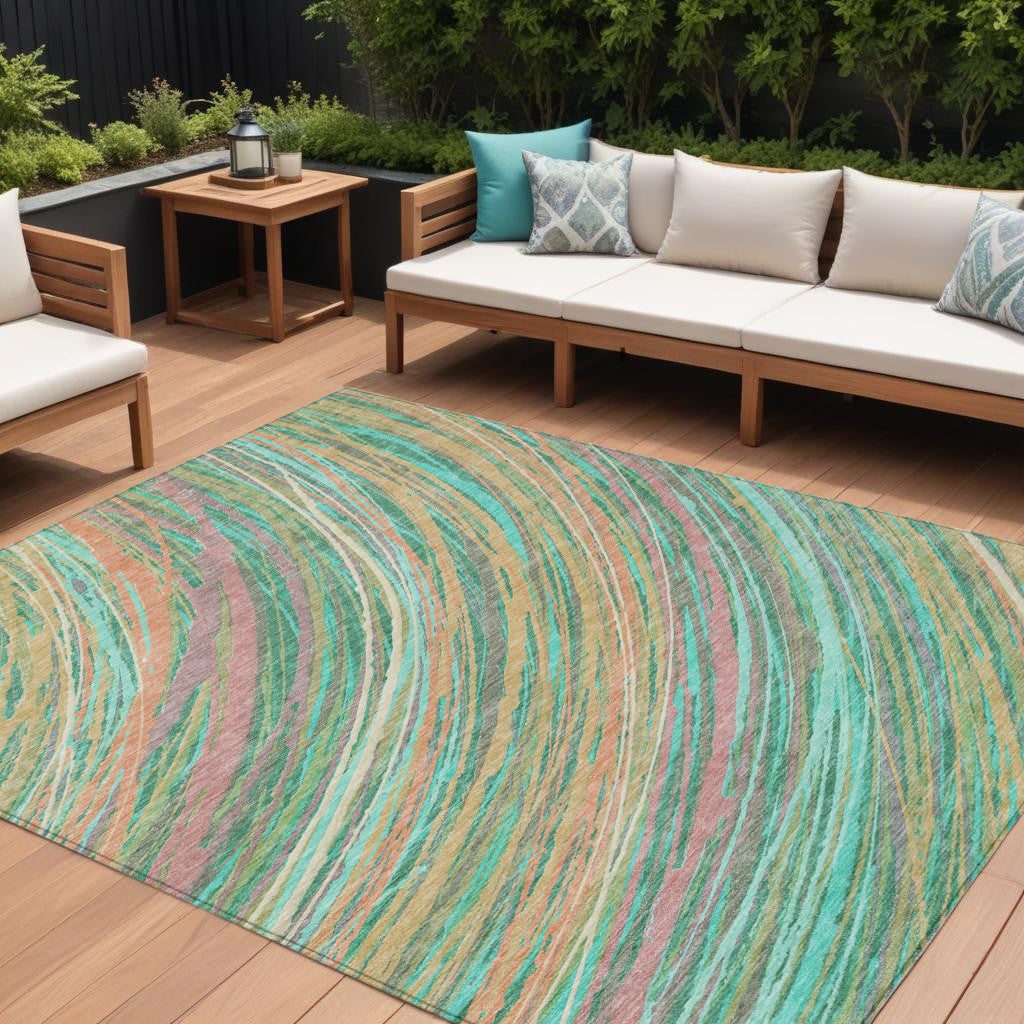 9 X 12 Teal Blue Pink And Peach Abstract Washable Indoor Outdoor Area Rug