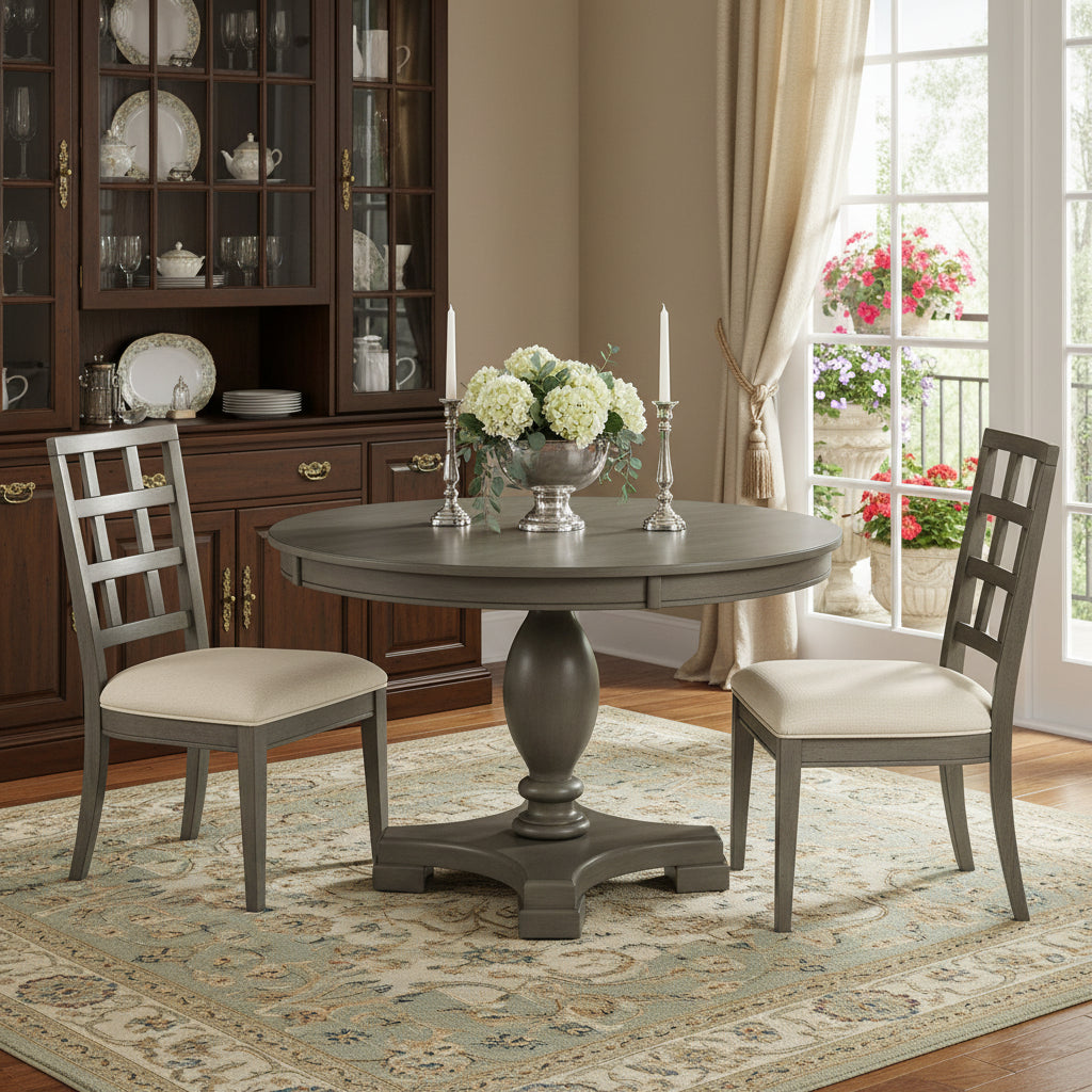 48 Gray Wood Pedestal Base Round Top Dining Table