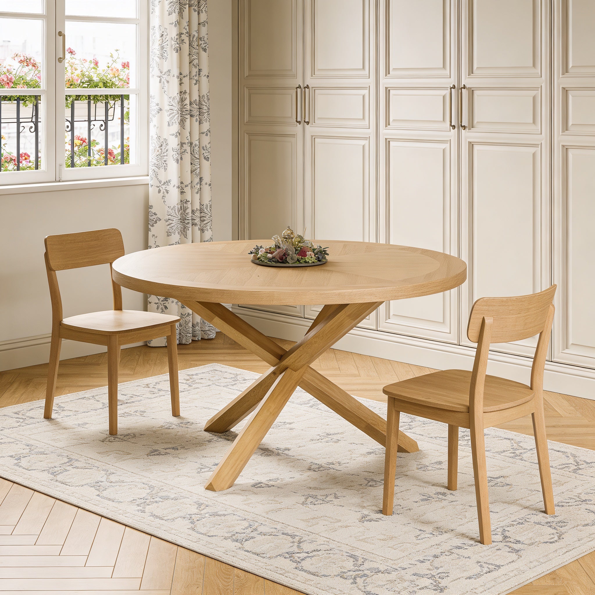 54 Oak Wood Cross Leg Base Round Top Dining Table