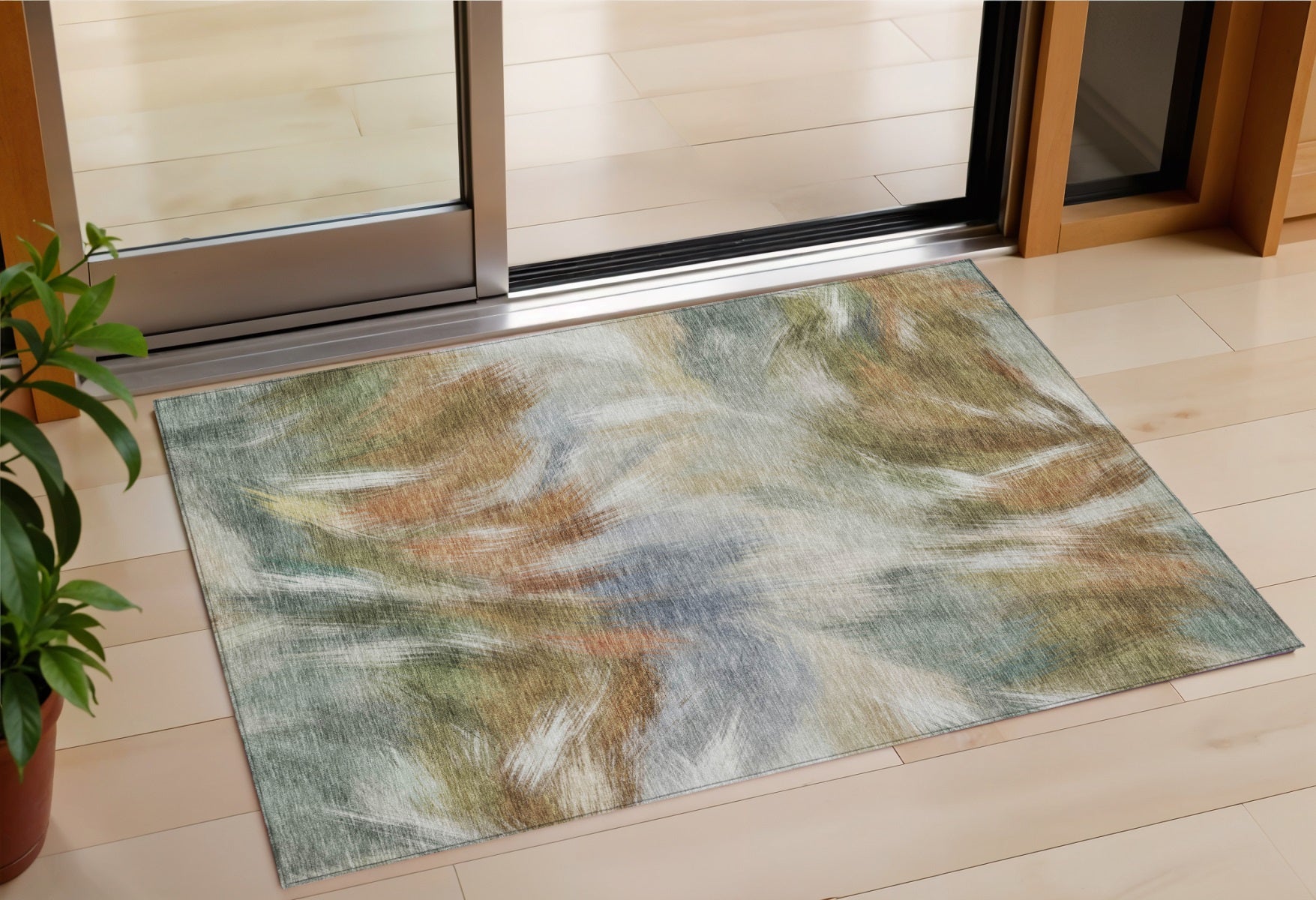 3 X 5 Beige And Copper Abstract Washable Indoor Outdoor Area Rug