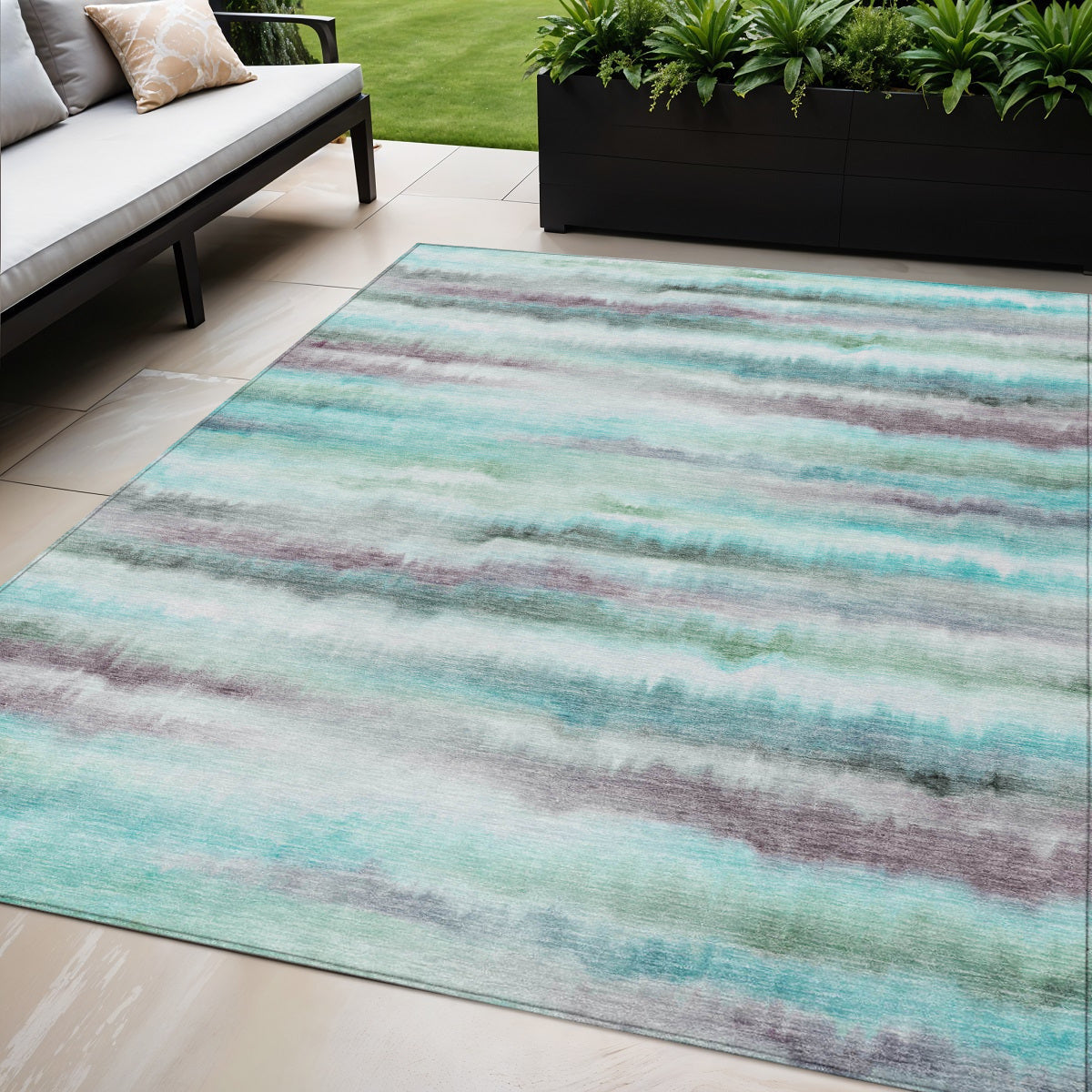 5 X 8 Teal Blue Plum And Ivory Striped Washable Indoor Outdoor Area Rug