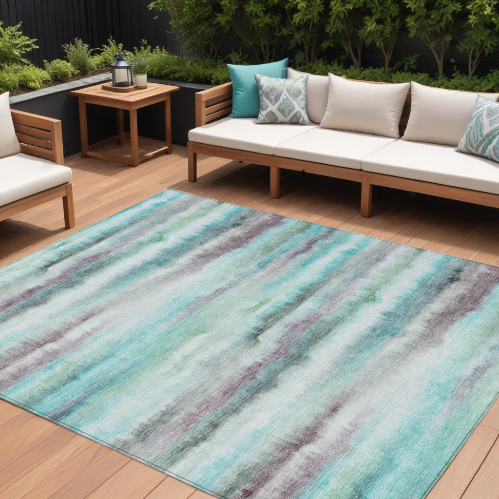 9 X 12 Teal Blue Plum And Ivory Striped Washable Indoor Outdoor Area Rug