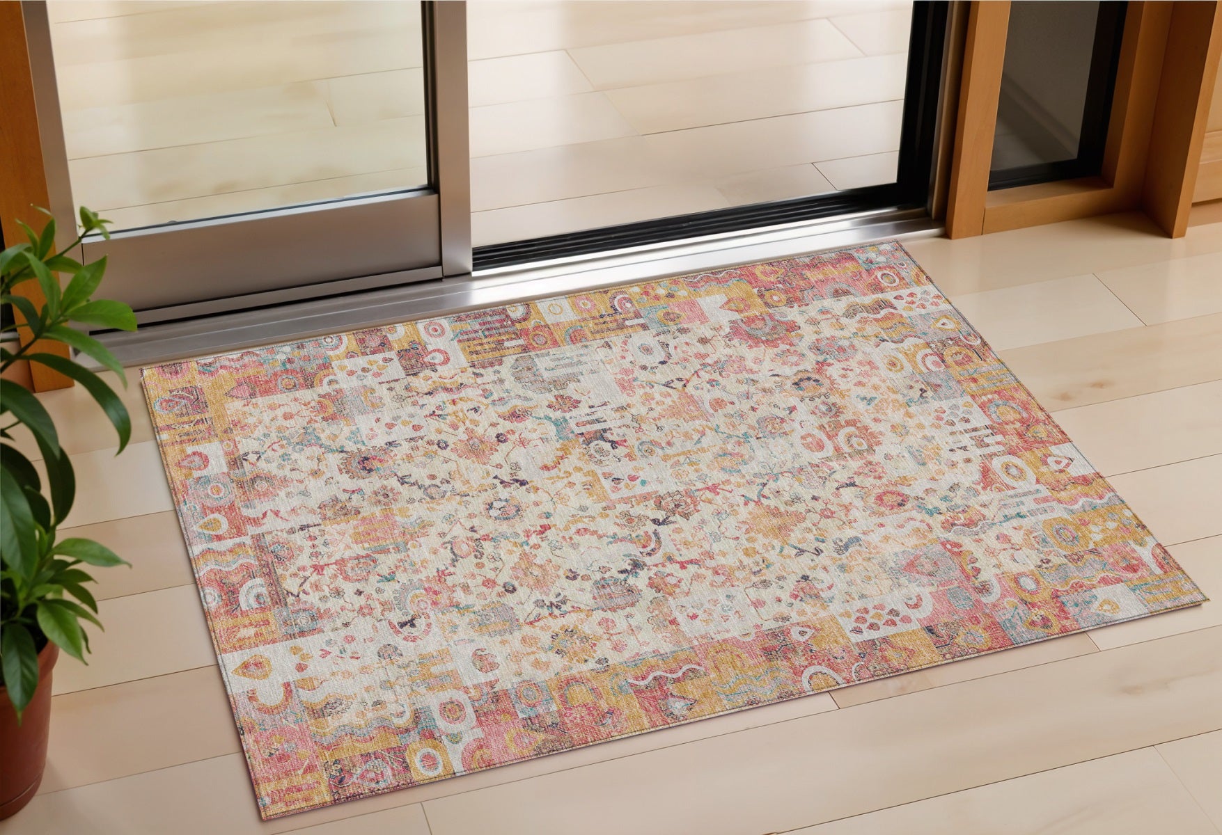 3 X 5 Pink And Ivory Patchwork Washable Indoor Outdoor Area Rug
