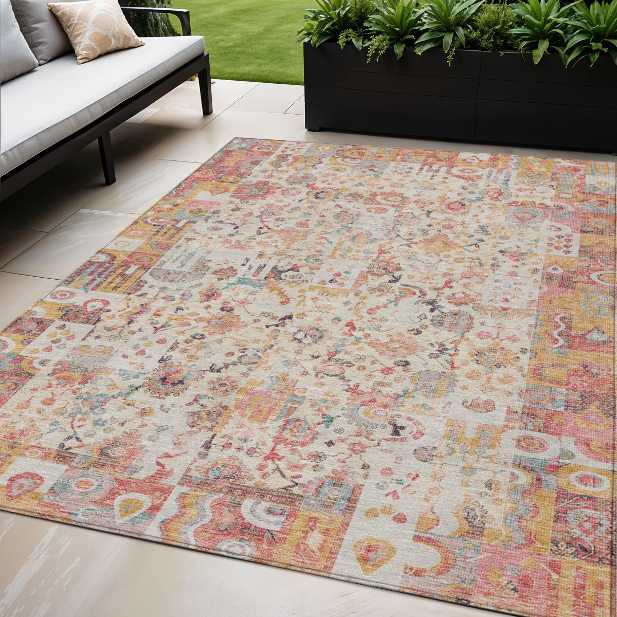 5 X 8 Pink And Ivory Patchwork Washable Indoor Outdoor Area Rug