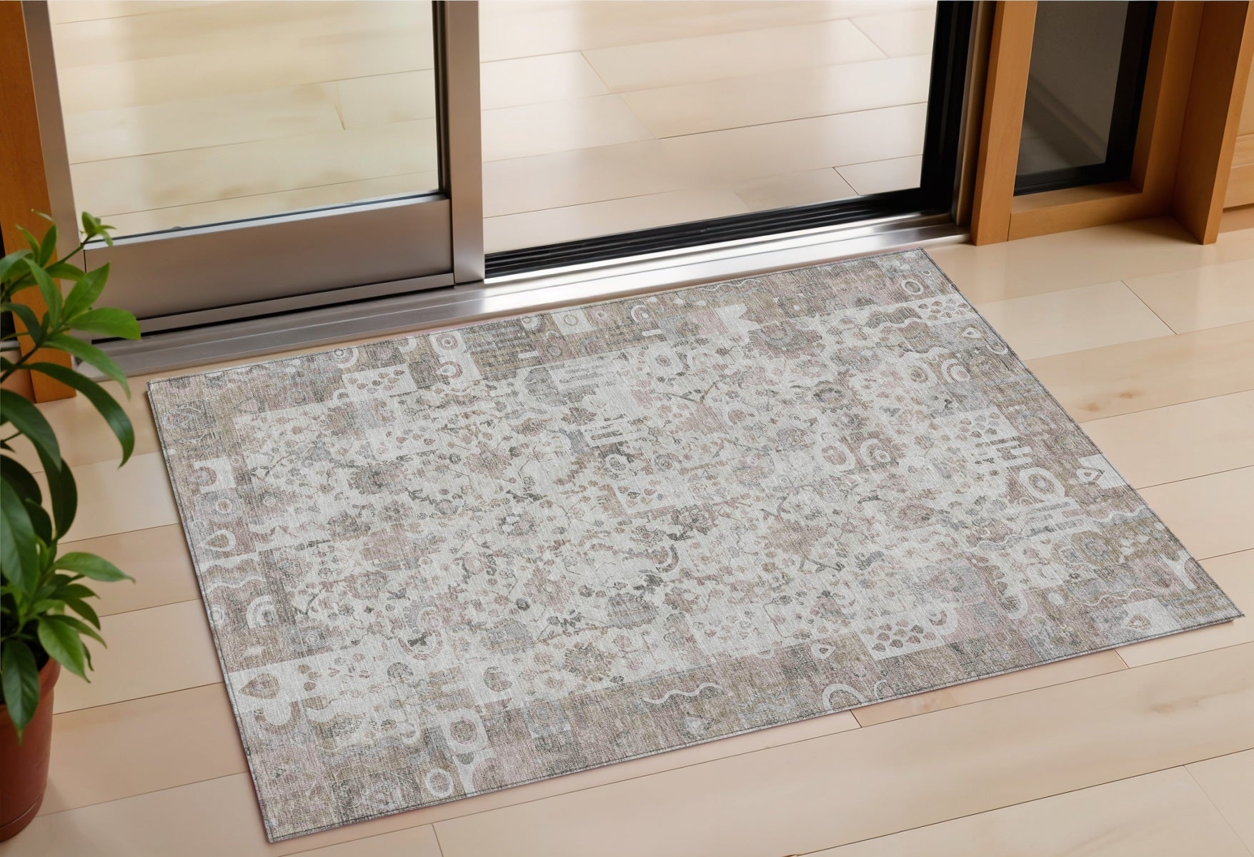 3 X 5 Taupe And Ivory Patchwork Washable Indoor Outdoor Area Rug