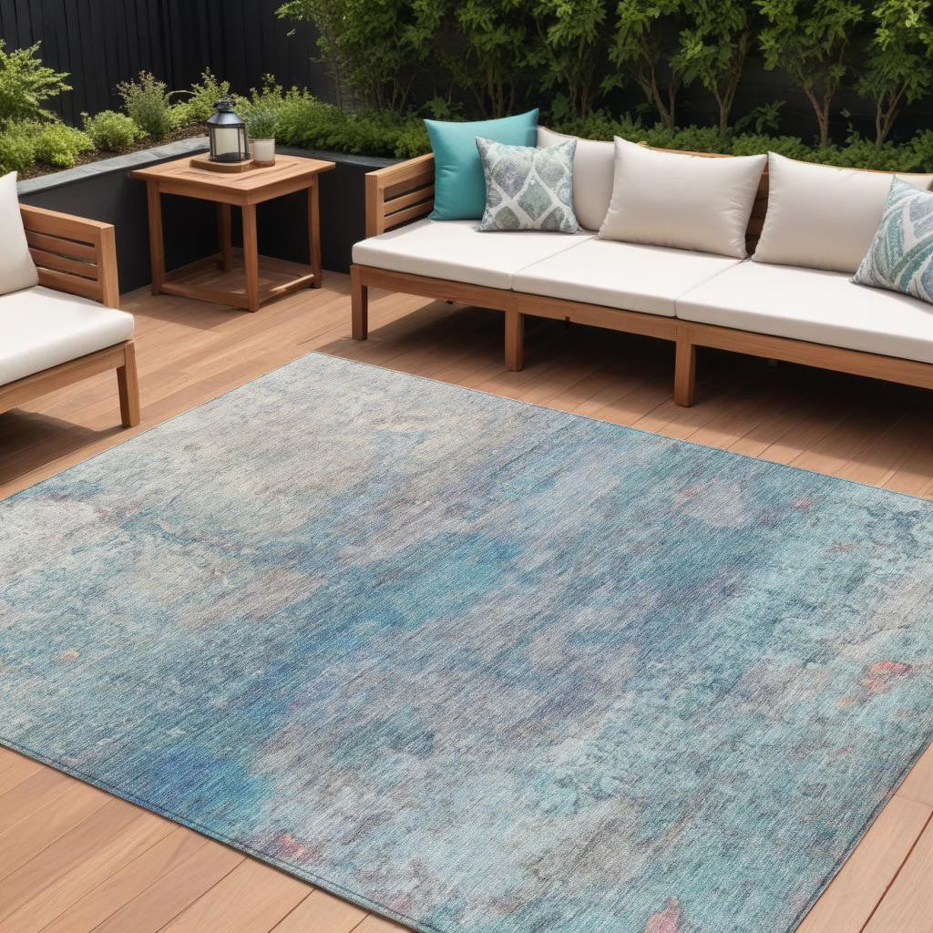 8 X 10 Aqua And Beige Abstract Washable Indoor Outdoor Area Rug