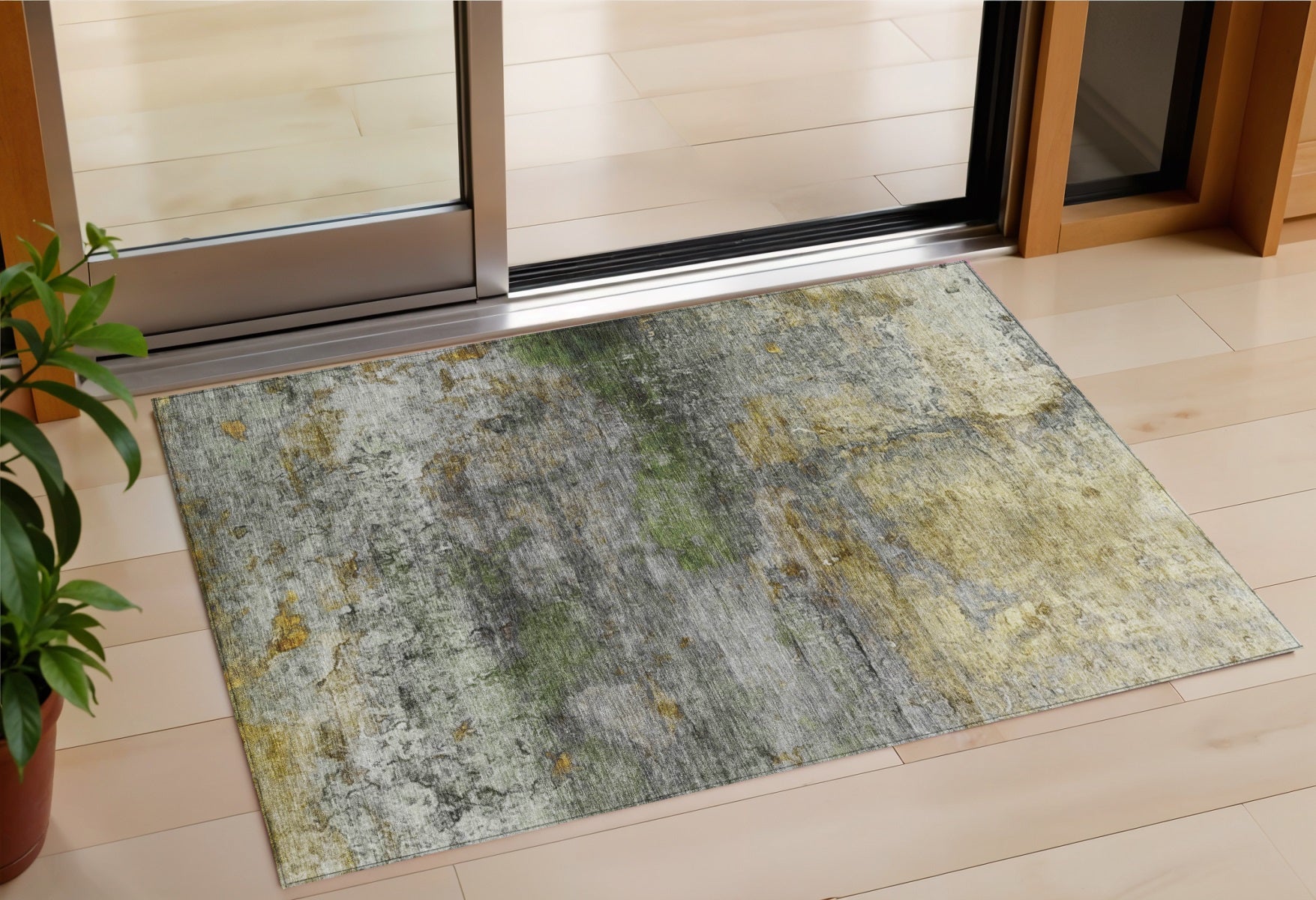 3 X 5 Olive Green Gold And Gray Abstract Washable Indoor Outdoor Area Rug