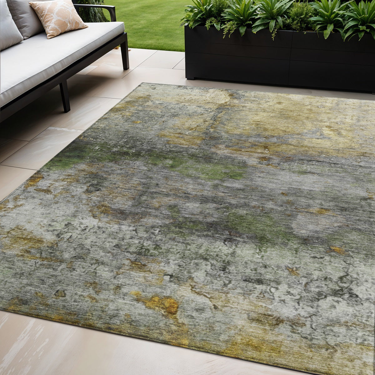 5 X 8 Olive Green Gold And Gray Abstract Washable Indoor Outdoor Area Rug