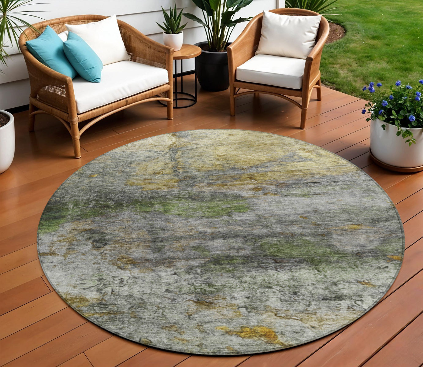 8 Olive Green Gold And Gray Round Abstract Washable Indoor Outdoor Area Rug