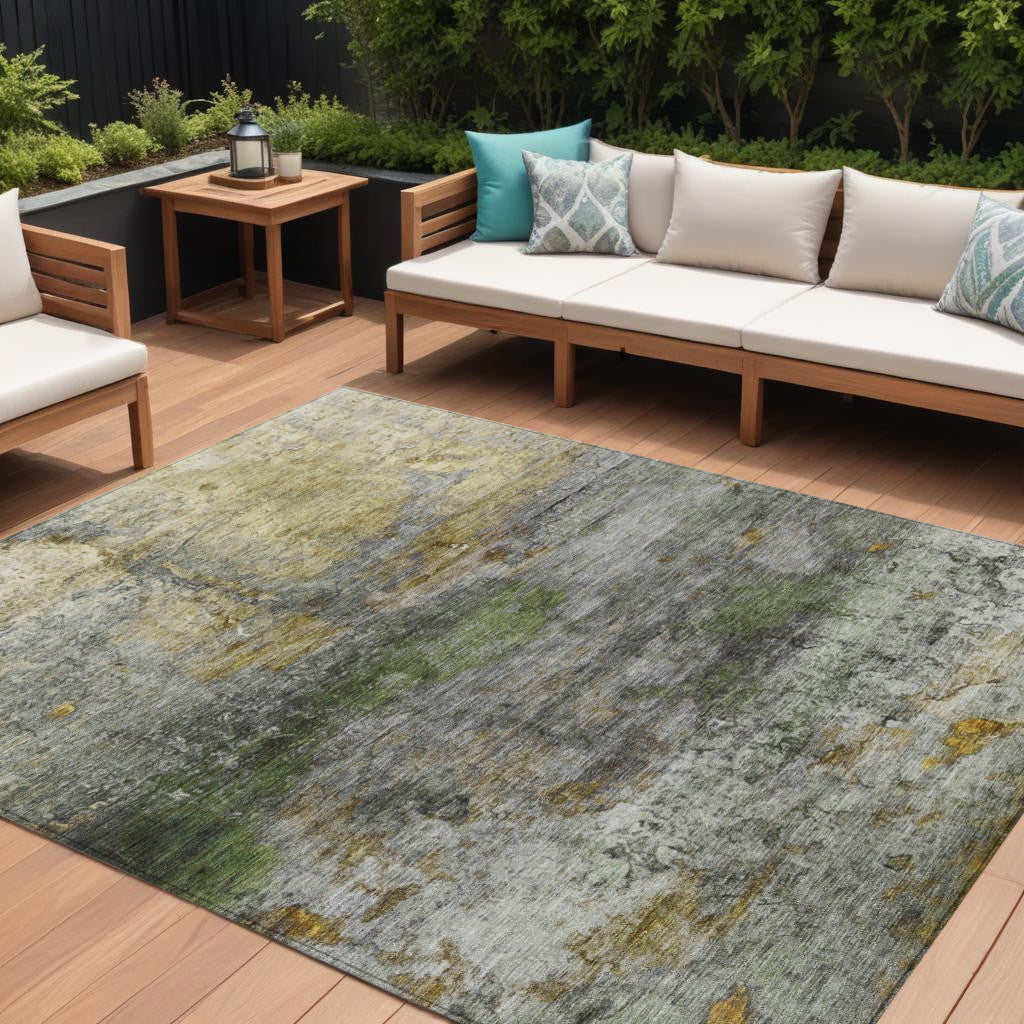 10 X 14 Olive Green Gold And Gray Abstract Washable Indoor Outdoor Area Rug