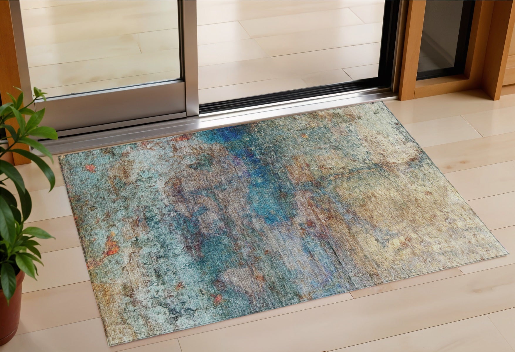 3 X 5 Teal Blue Orange And Beige Abstract Washable Indoor Outdoor Area Rug