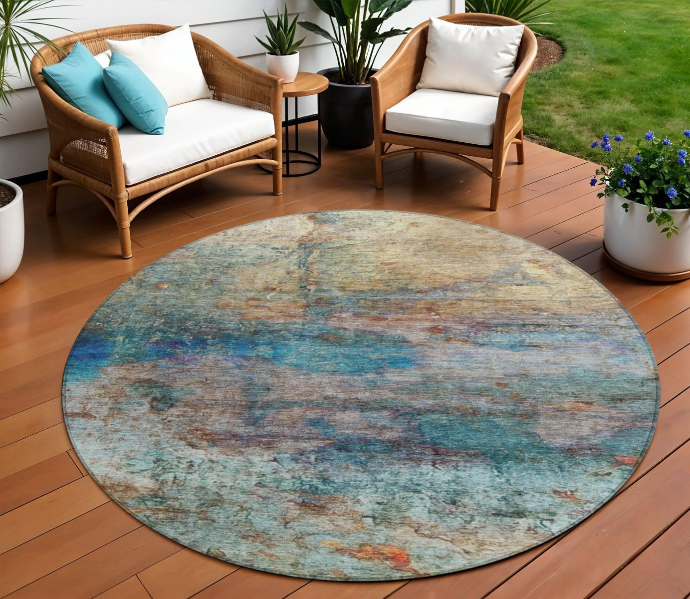 8 Teal Blue Orange And Beige Round Abstract Washable Indoor Outdoor Area Rug