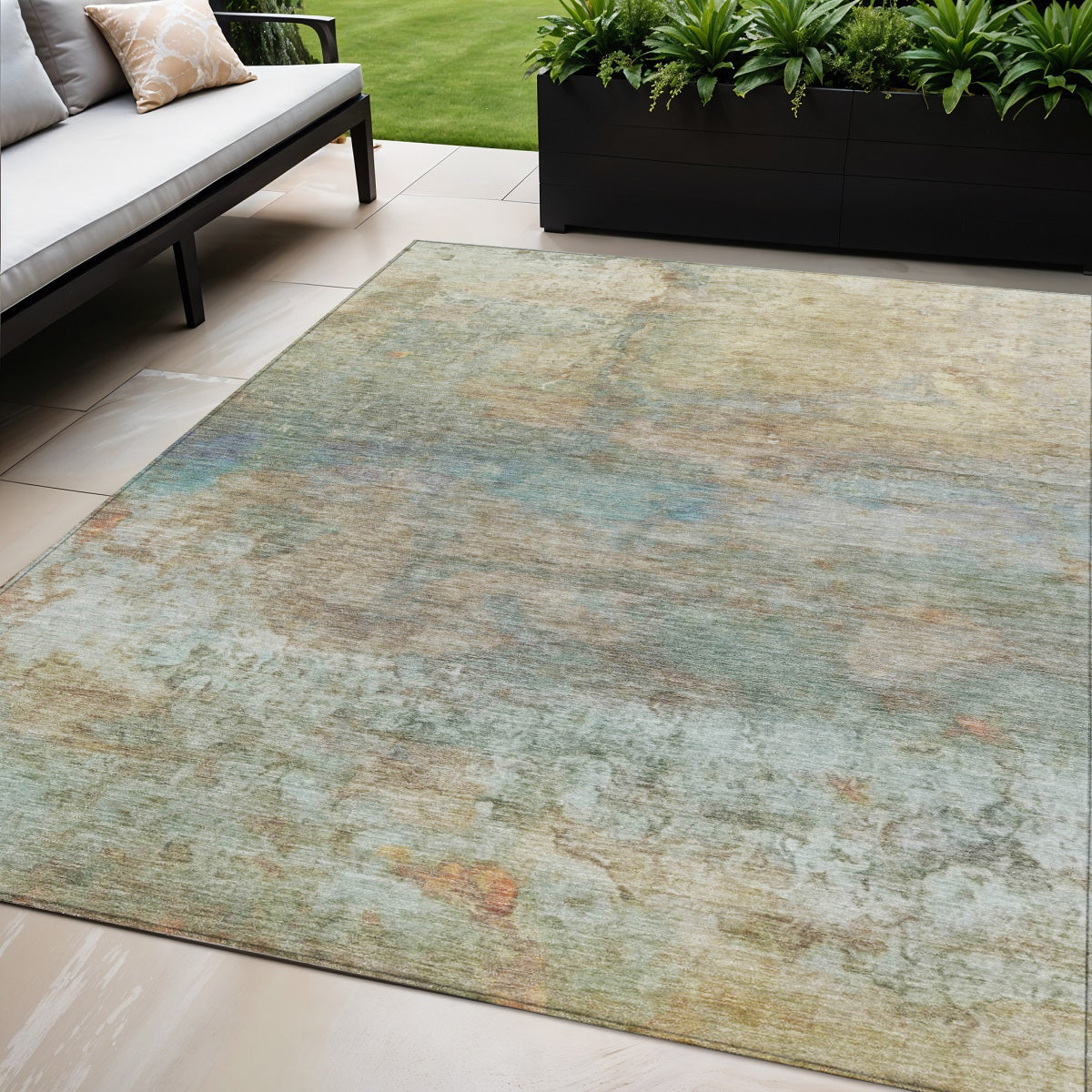5 X 8 Wheat Sky Blue And Beige Abstract Washable Indoor Outdoor Area Rug
