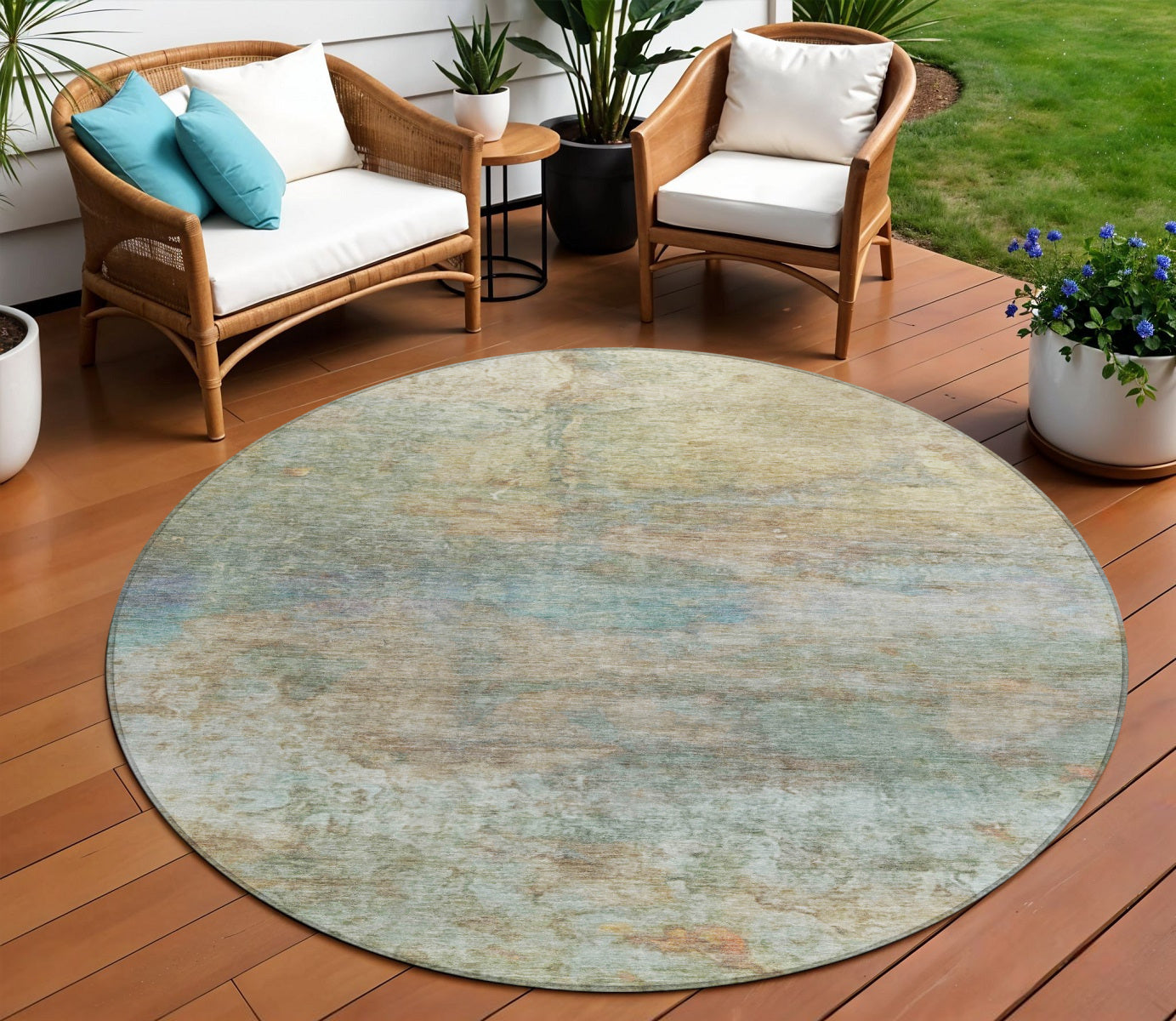 8 Wheat Sky Blue And Beige Round Abstract Washable Indoor Outdoor Area Rug