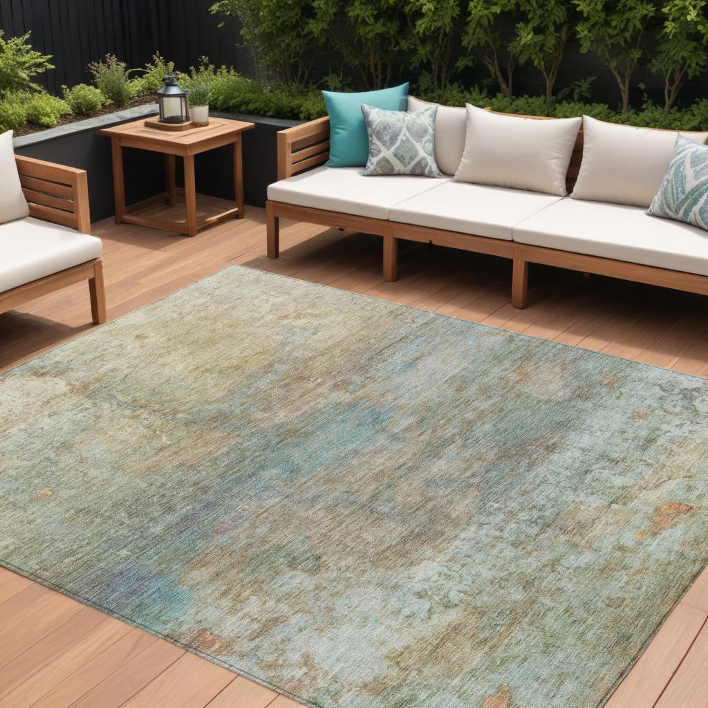 9 X 12 Wheat Sky Blue And Beige Abstract Washable Indoor Outdoor Area Rug