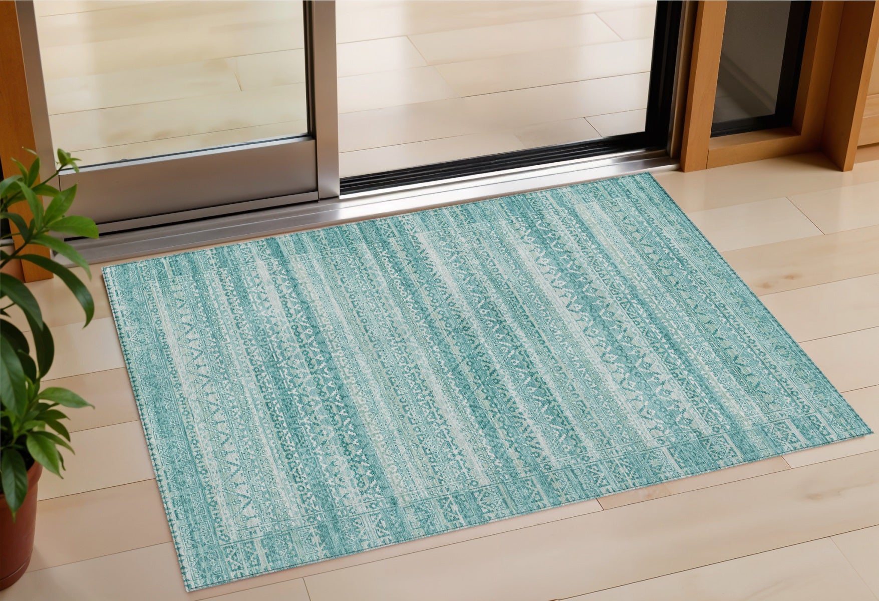 3 X 5 Aqua And Ivory Striped Washable Indoor Outdoor Area Rug