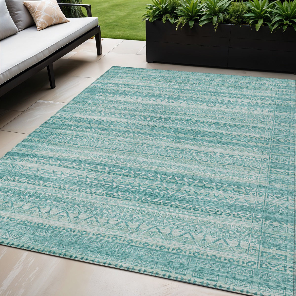 5 X 8 Aqua And Ivory Striped Washable Indoor Outdoor Area Rug