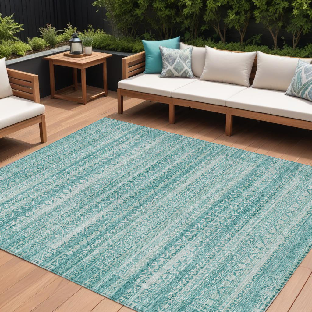 8 X 10 Aqua And Ivory Striped Washable Indoor Outdoor Area Rug