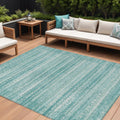10 X 14 Aqua And Ivory Striped Washable Indoor Outdoor Area Rug
