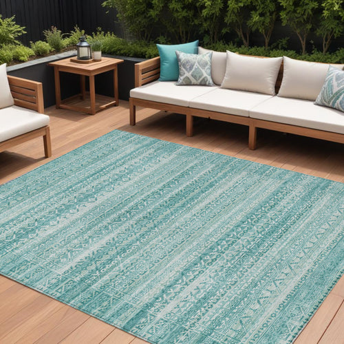 10 X 14 Aqua And Ivory Striped Washable Indoor Outdoor Area Rug