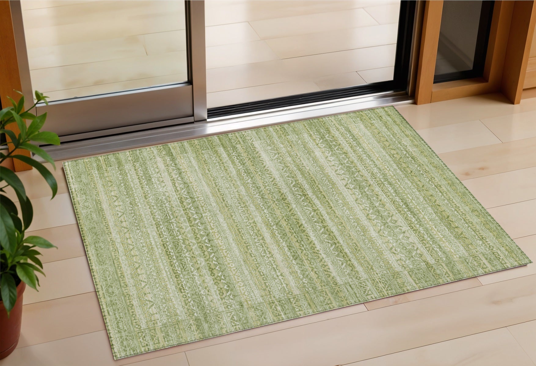 3 X 5 Sage And Ivory Striped Washable Indoor Outdoor Area Rug