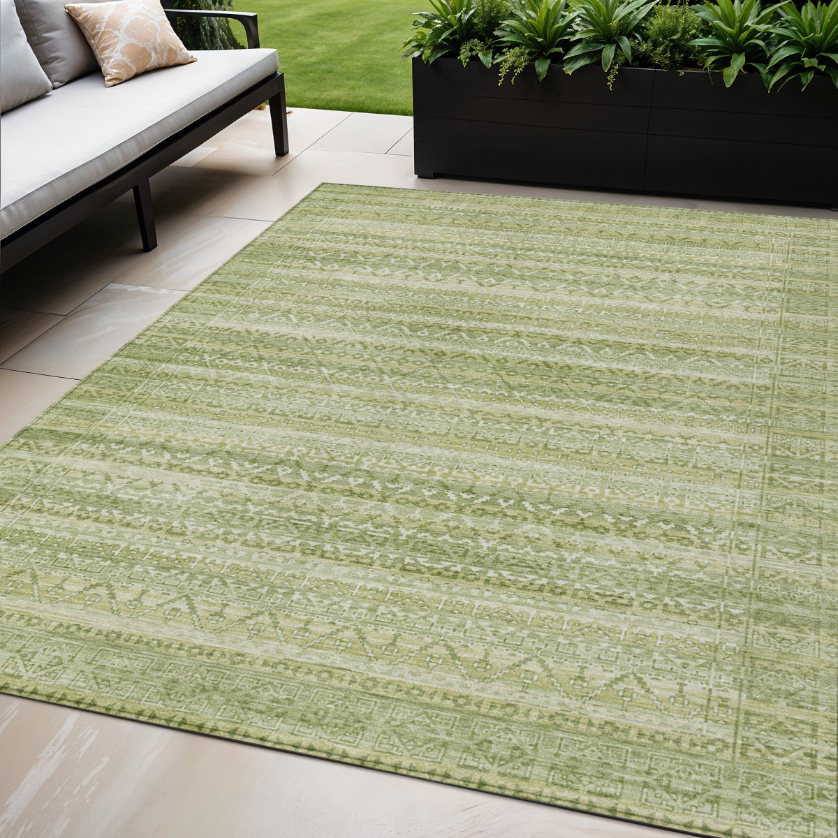 5 X 8 Sage And Ivory Striped Washable Indoor Outdoor Area Rug