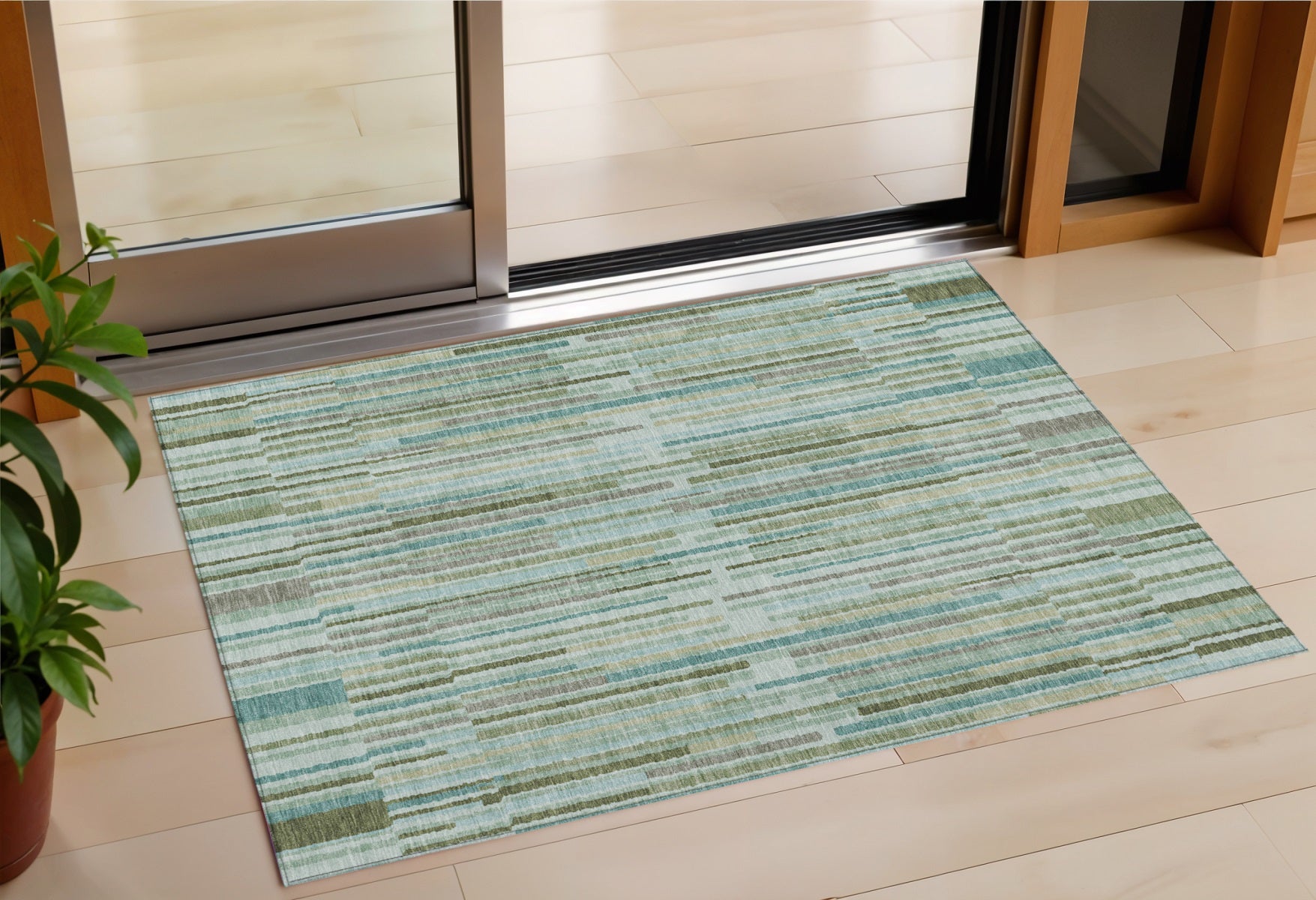 3 X 5 Artichoke Green And Teal Blue Striped Washable Indoor Outdoor Area Rug
