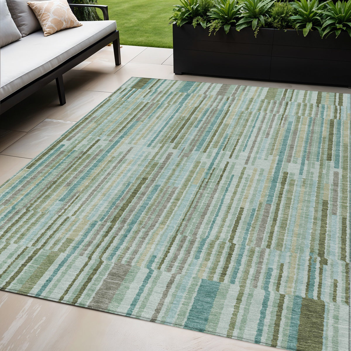 5 X 8 Artichoke Green And Teal Blue Striped Washable Indoor Outdoor Area Rug