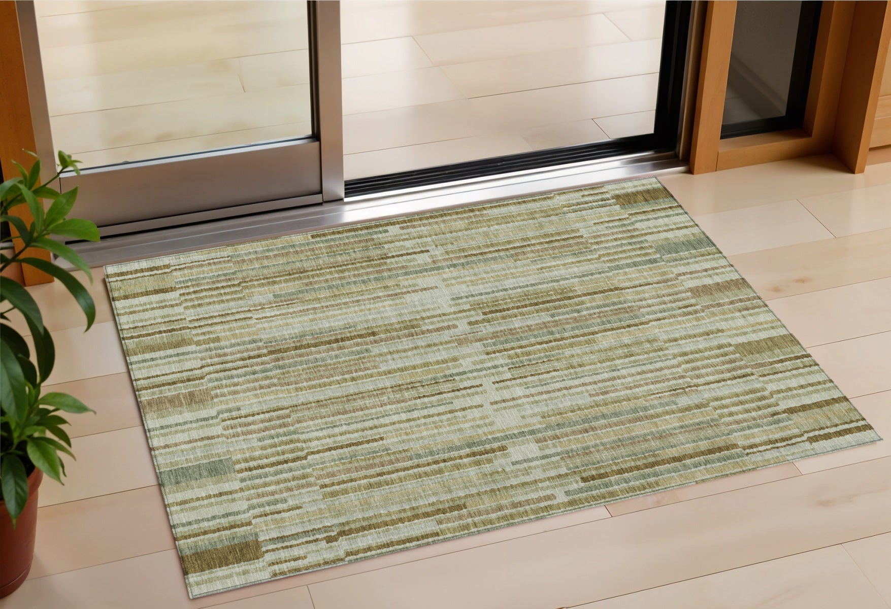 3 X 5 Khaki And Olive Green Striped Washable Indoor Outdoor Area Rug