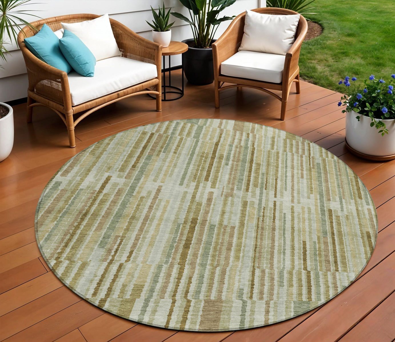 8 Khaki And Olive Green Round Striped Washable Indoor Outdoor Area Rug