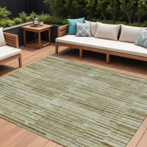 10 X 14 Khaki And Olive Green Striped Washable Indoor Outdoor Area Rug