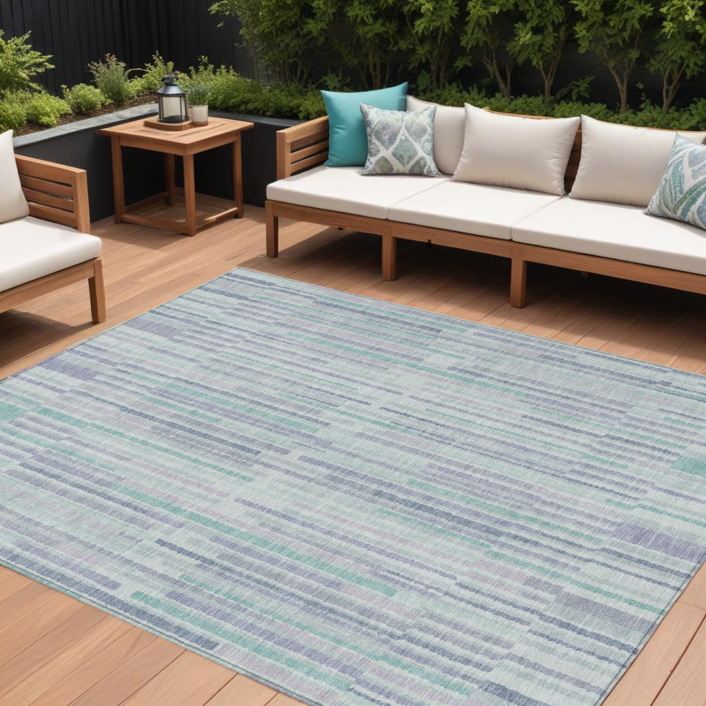 8 X 10 Mint Green And Ivory Striped Washable Indoor Outdoor Area Rug