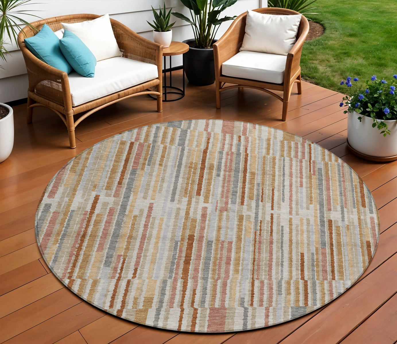 8 Rust And Ivory Round Striped Washable Indoor Outdoor Area Rug