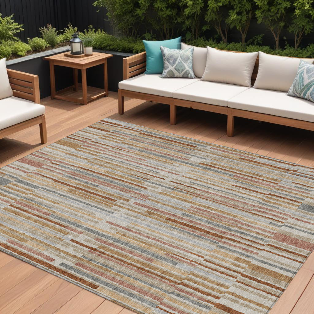 9 X 12 Rust And Ivory Striped Washable Indoor Outdoor Area Rug