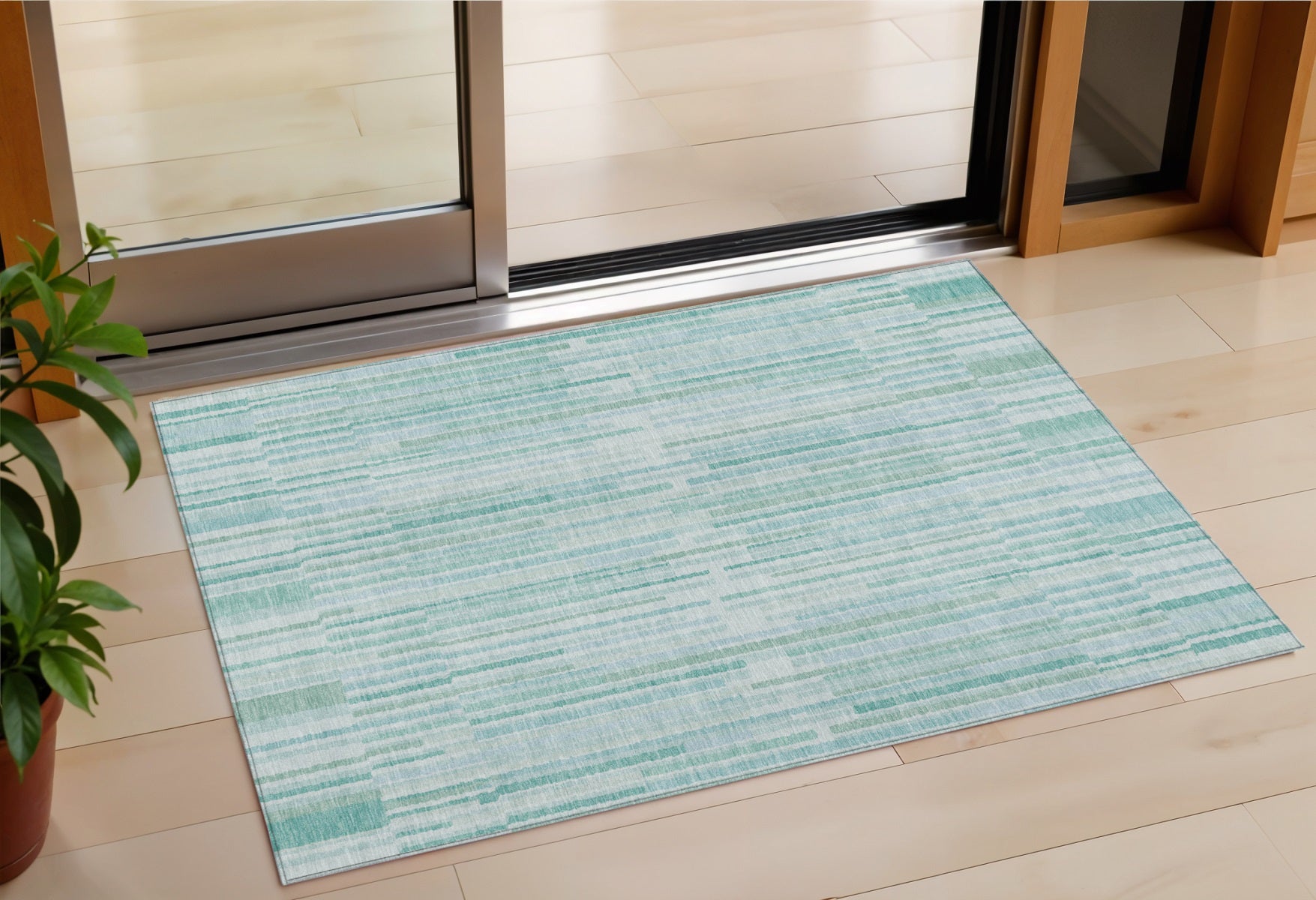 3 X 5 Turquoise And Pale Aqua Striped Washable Indoor Outdoor Area Rug