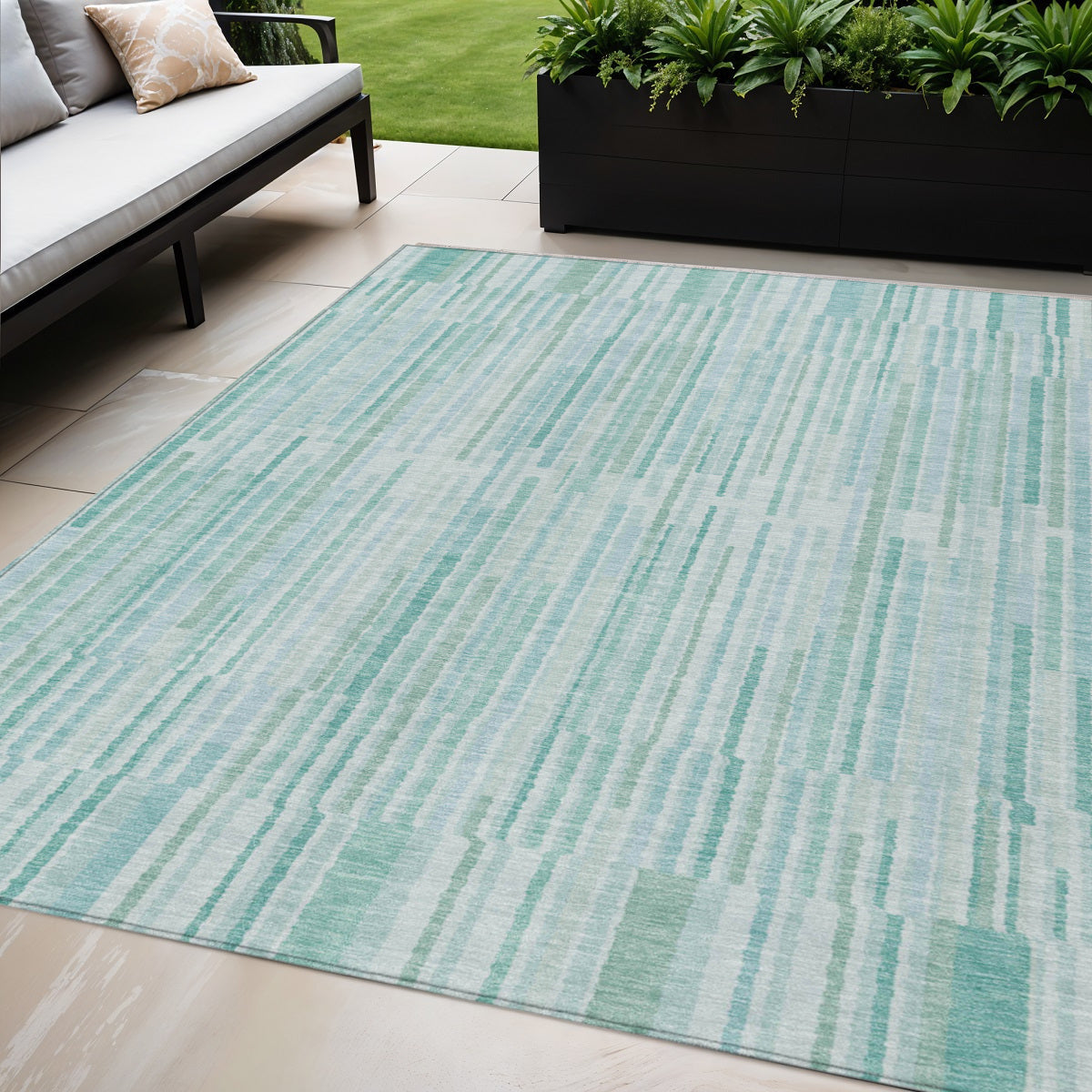 5 X 8 Turquoise And Pale Aqua Striped Washable Indoor Outdoor Area Rug