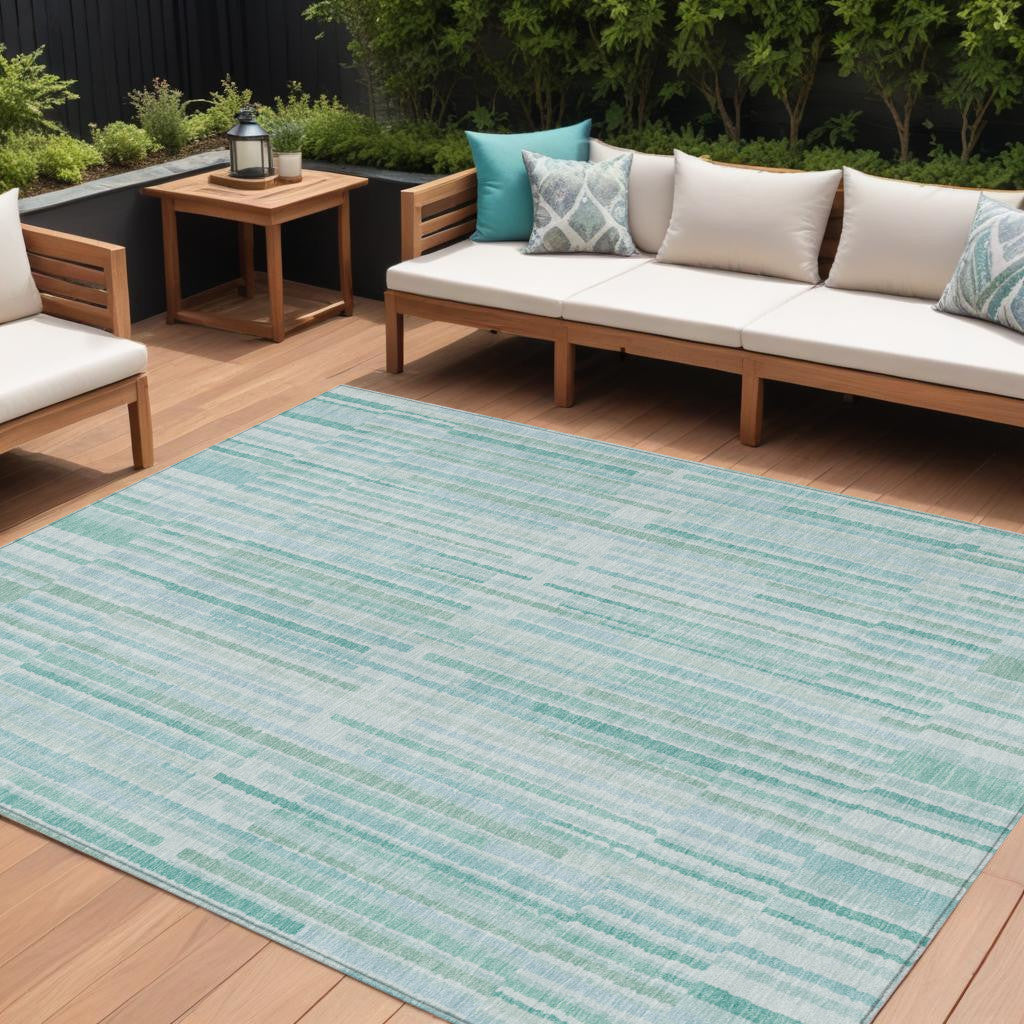 8 X 10 Turquoise And Pale Aqua Striped Washable Indoor Outdoor Area Rug