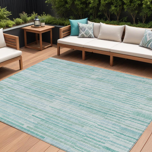 10 X 14 Turquoise And Pale Aqua Striped Washable Indoor Outdoor Area Rug