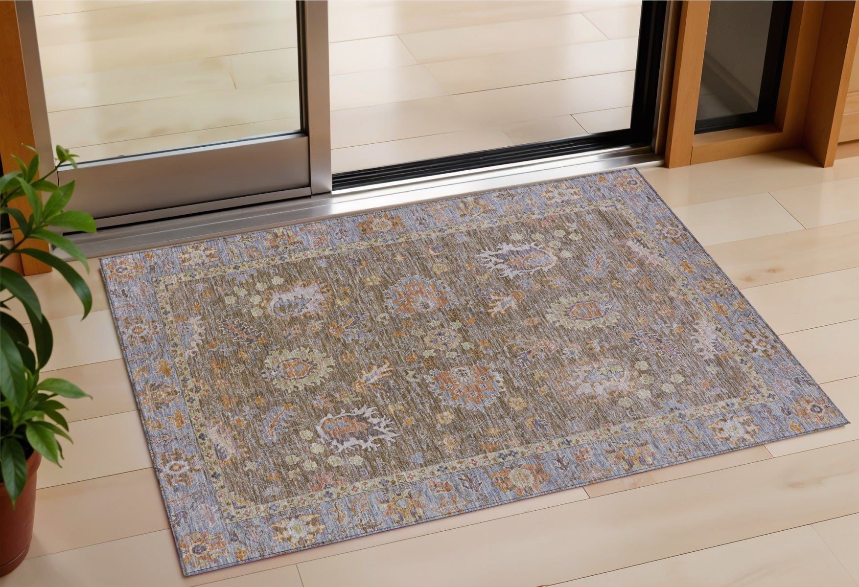 3 X 5 Brown And Lavender Floral Washable Indoor Outdoor Area Rug