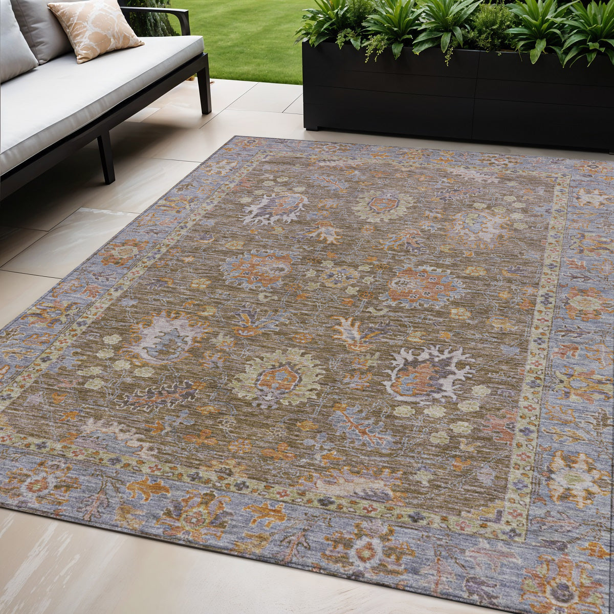 5 X 8 Brown And Lavender Floral Washable Indoor Outdoor Area Rug