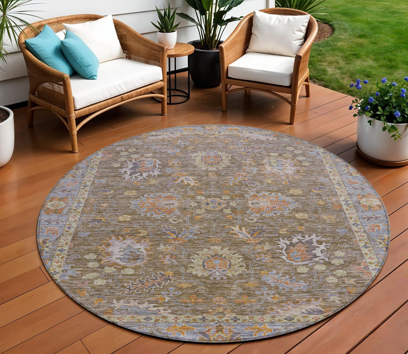 8 Brown And Lavender Round Floral Washable Indoor Outdoor Area Rug