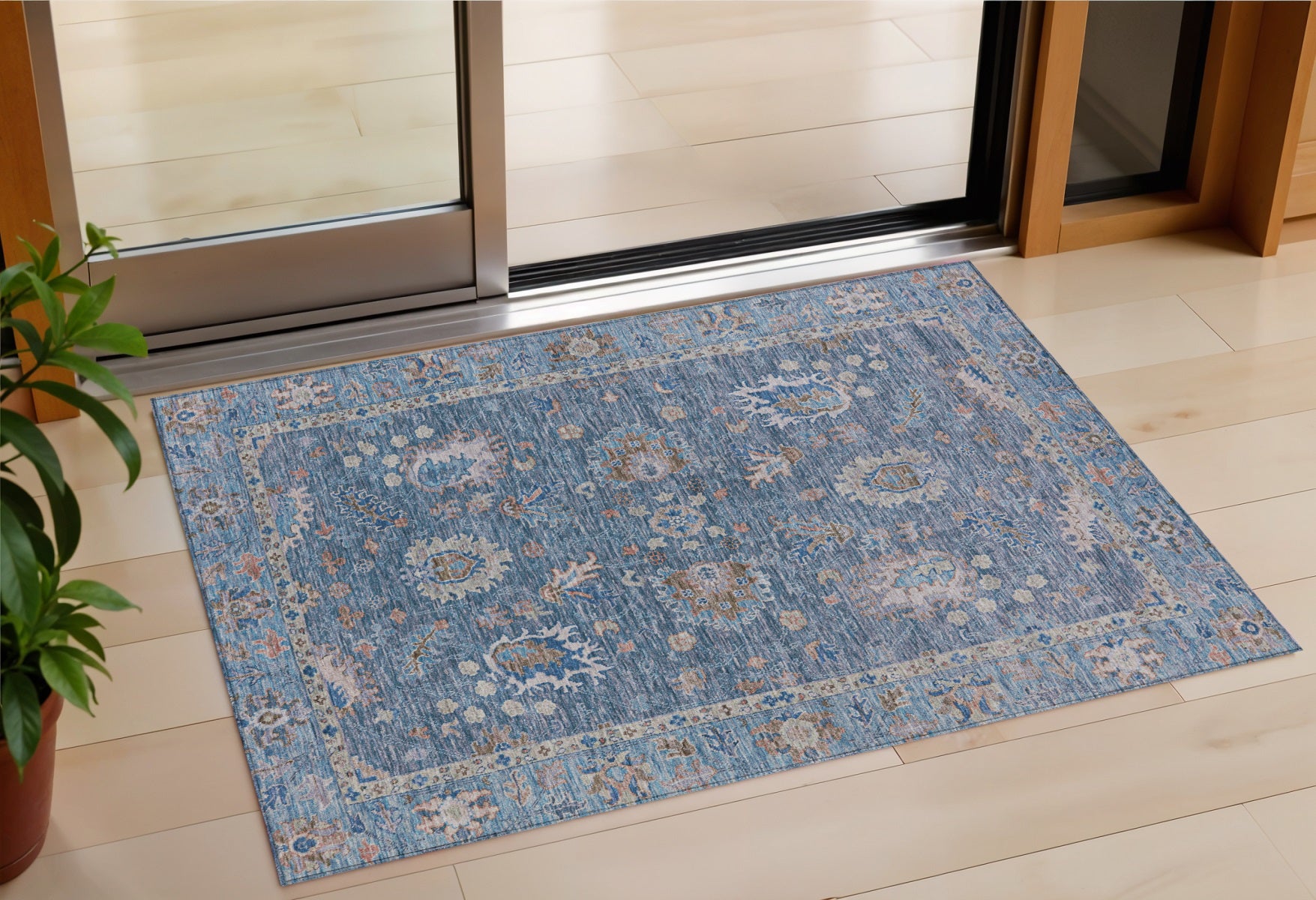 3 X 5 Blue And Beige Floral Washable Indoor Outdoor Area Rug