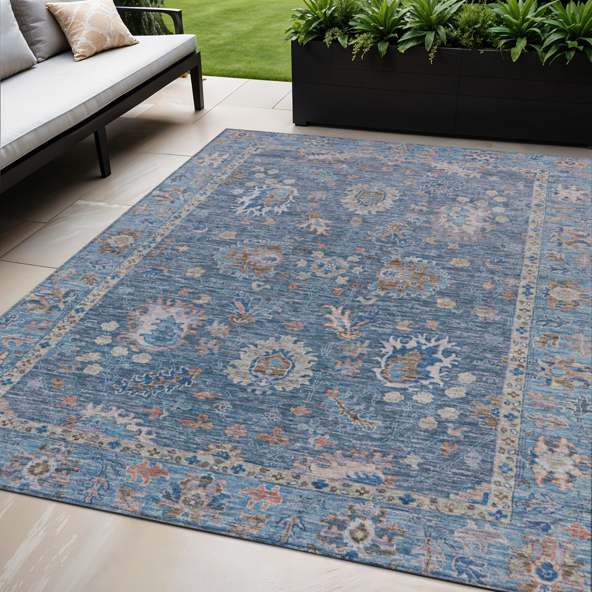 5 X 8 Blue And Beige Floral Washable Indoor Outdoor Area Rug