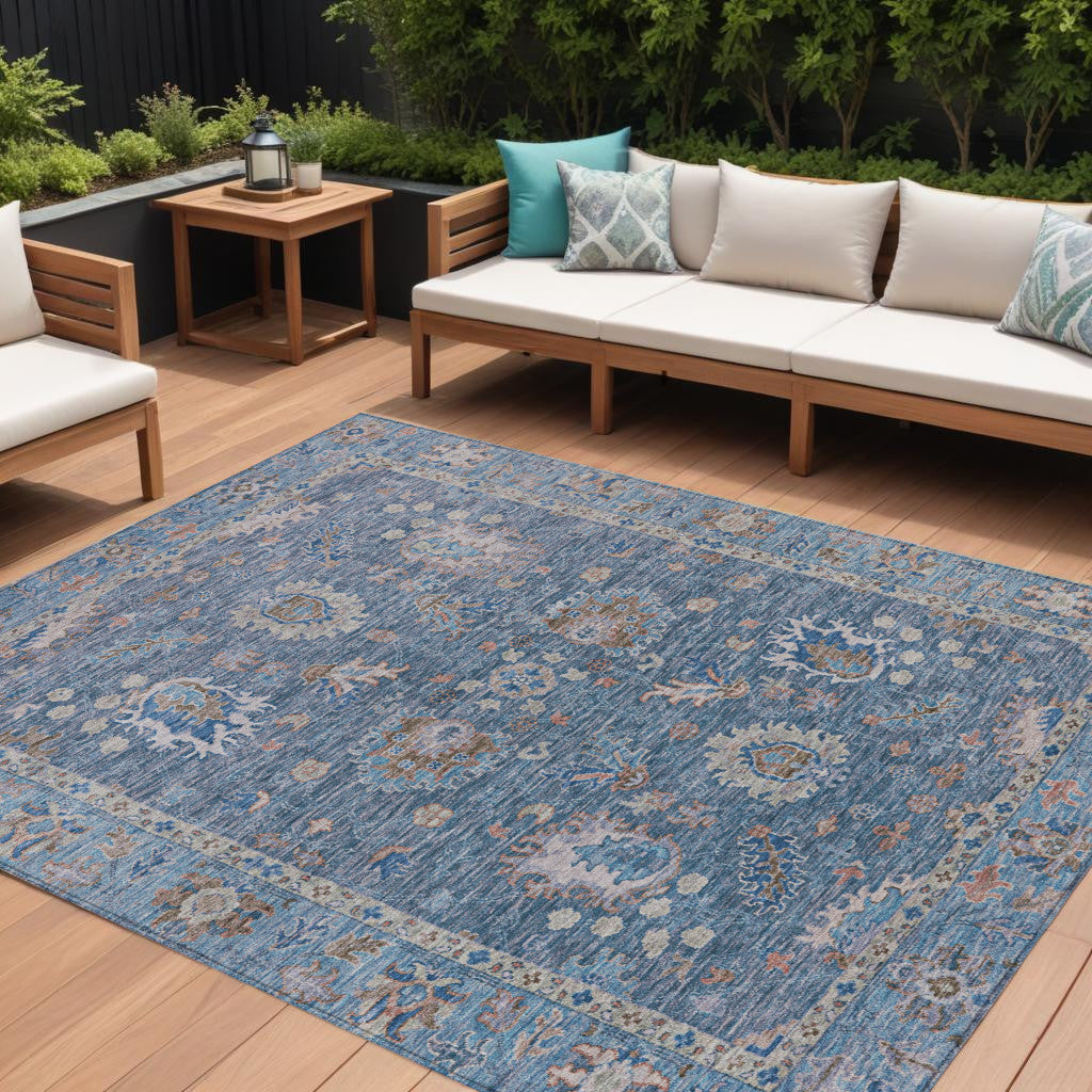 8 X 10 Blue And Beige Floral Washable Indoor Outdoor Area Rug