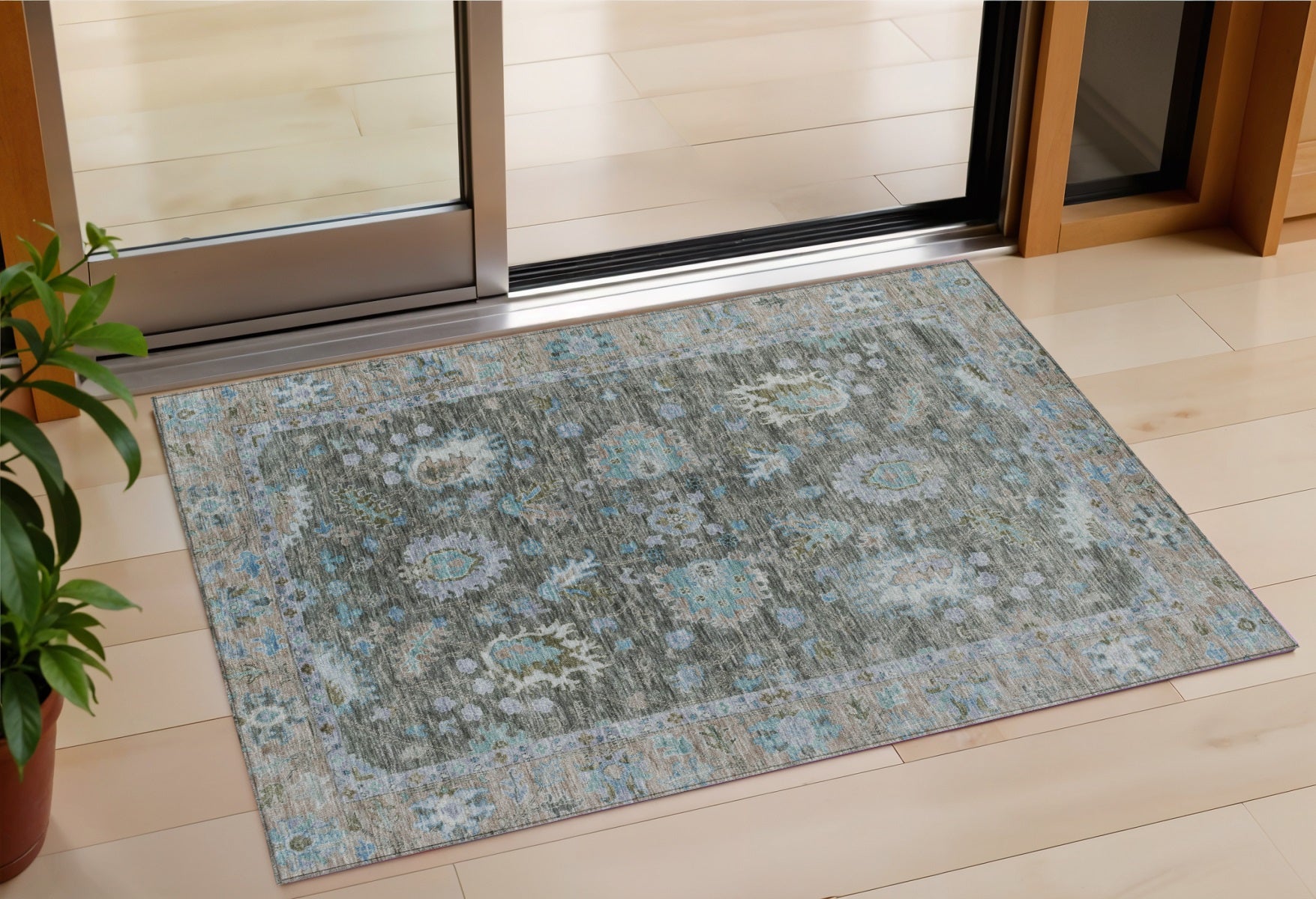 3 X 5 Fern Green And Denim Blue Floral Washable Indoor Outdoor Area Rug