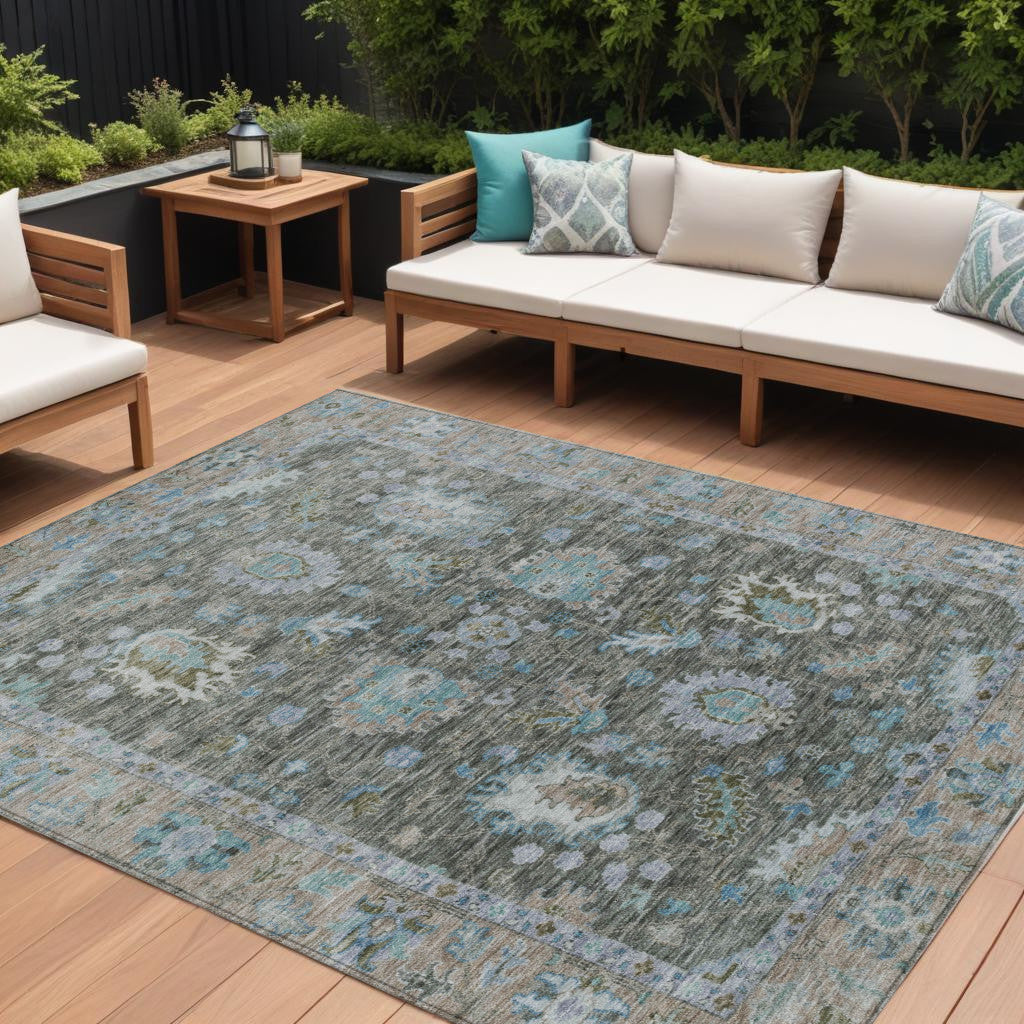 8 X 10 Fern Green And Denim Blue Floral Washable Indoor Outdoor Area Rug