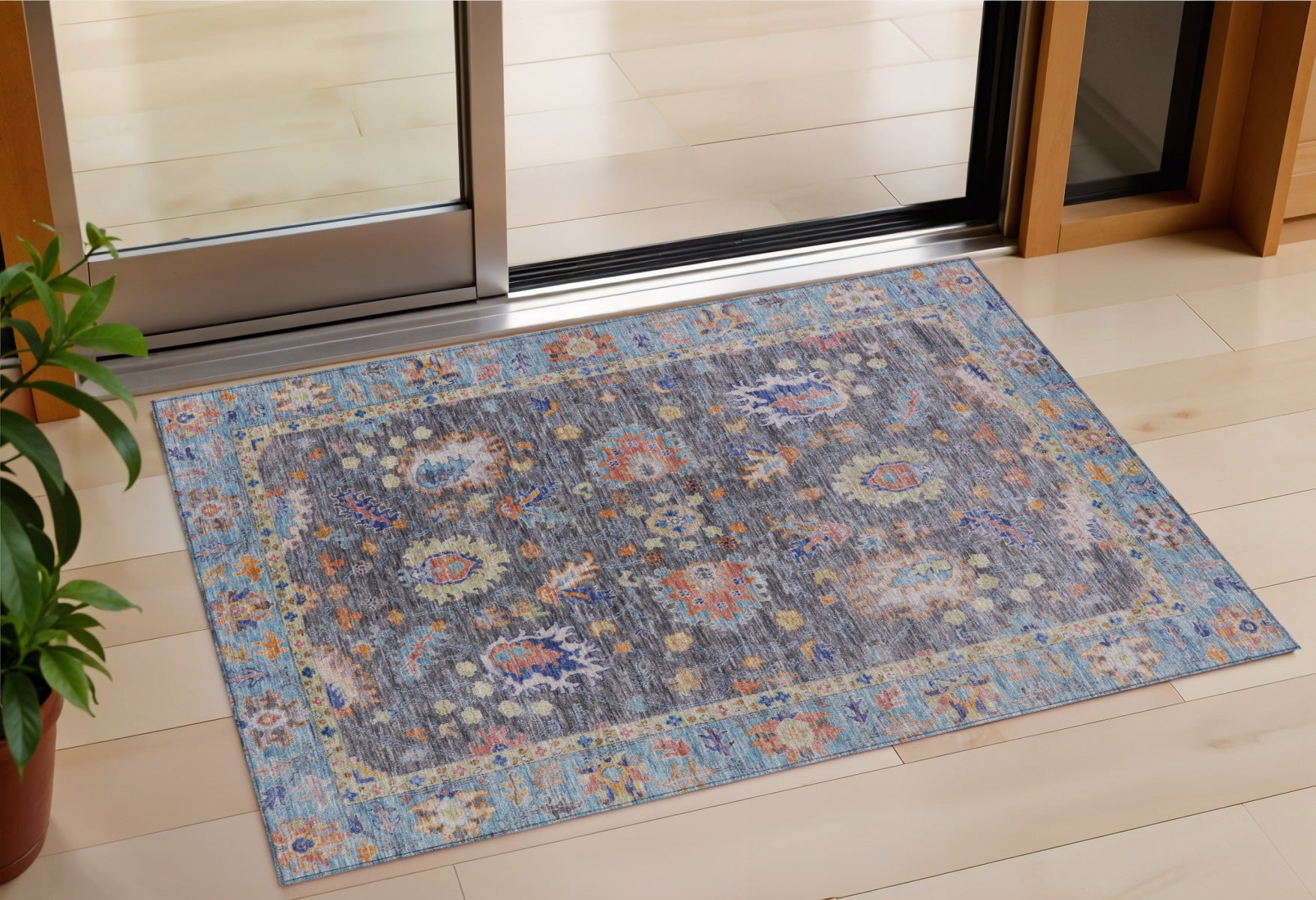 3 X 5 Gray And Denim Blue Floral Washable Indoor Outdoor Area Rug