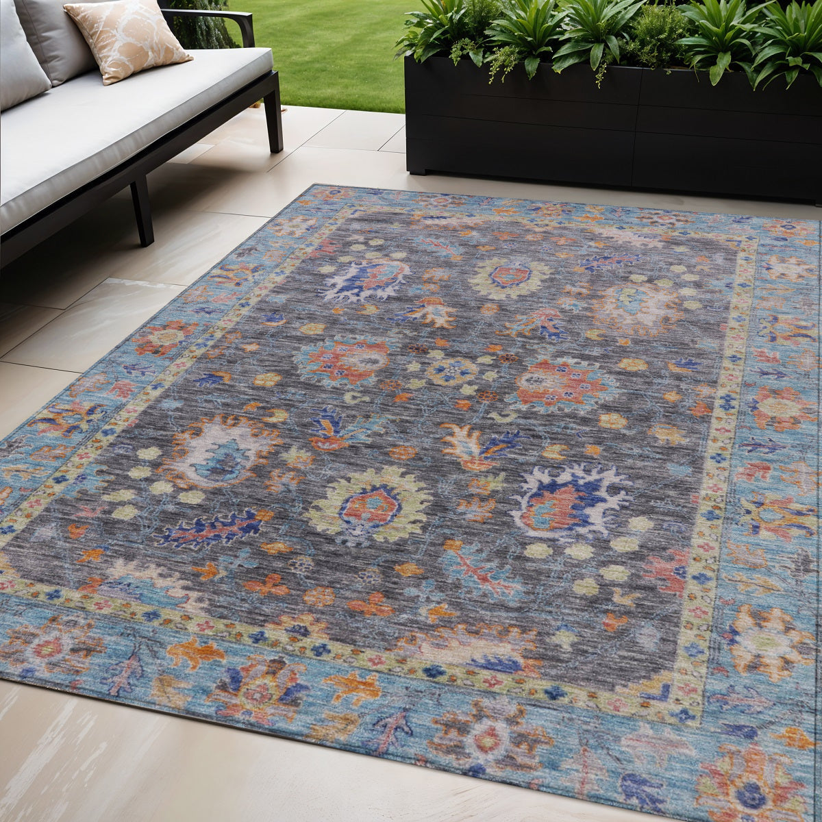 5 X 8 Gray And Denim Blue Floral Washable Indoor Outdoor Area Rug