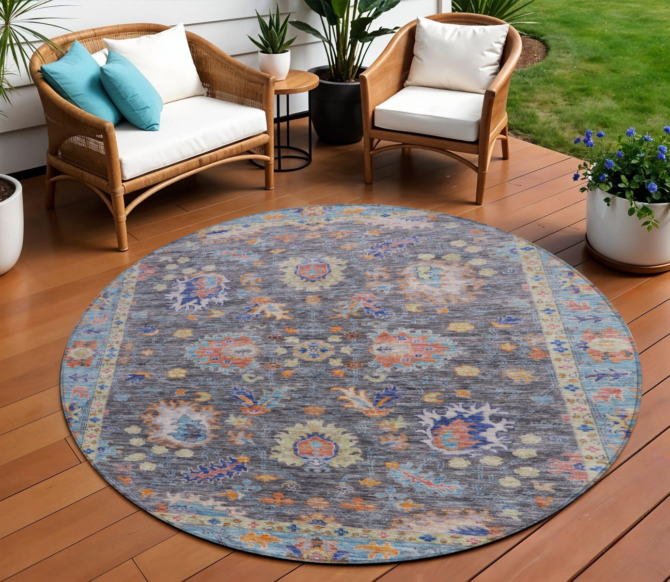 8 Gray And Denim Blue Round Floral Washable Indoor Outdoor Area Rug