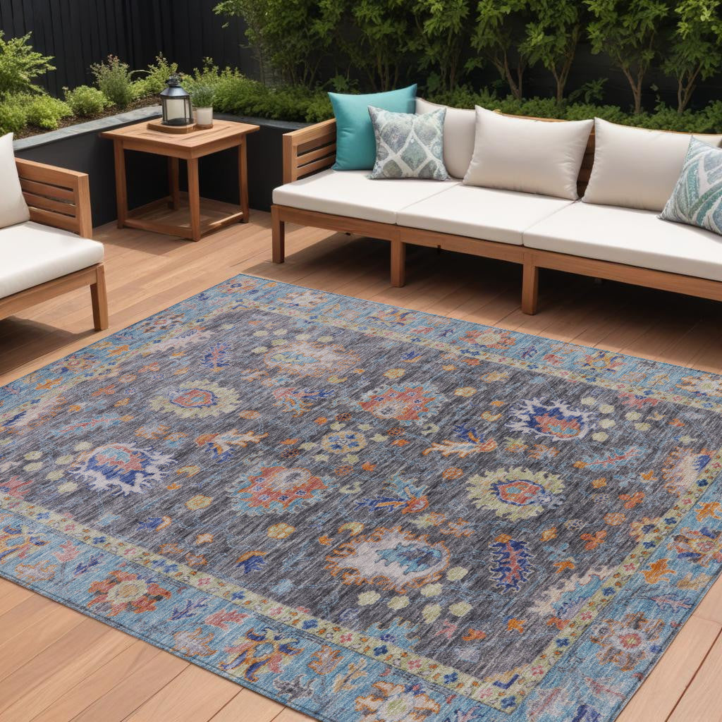 8 X 10 Gray And Denim Blue Floral Washable Indoor Outdoor Area Rug
